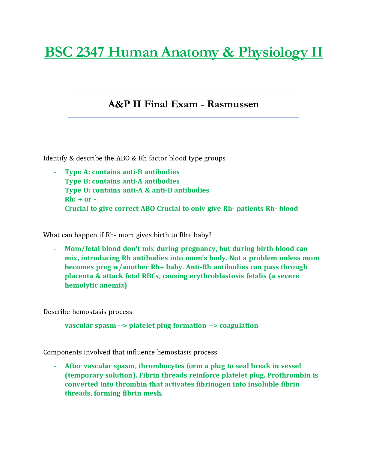 Preview of BSC2347 / BSC 2347 Final Exam Updated: Human Anatomy & Physiology II - Rasmussen